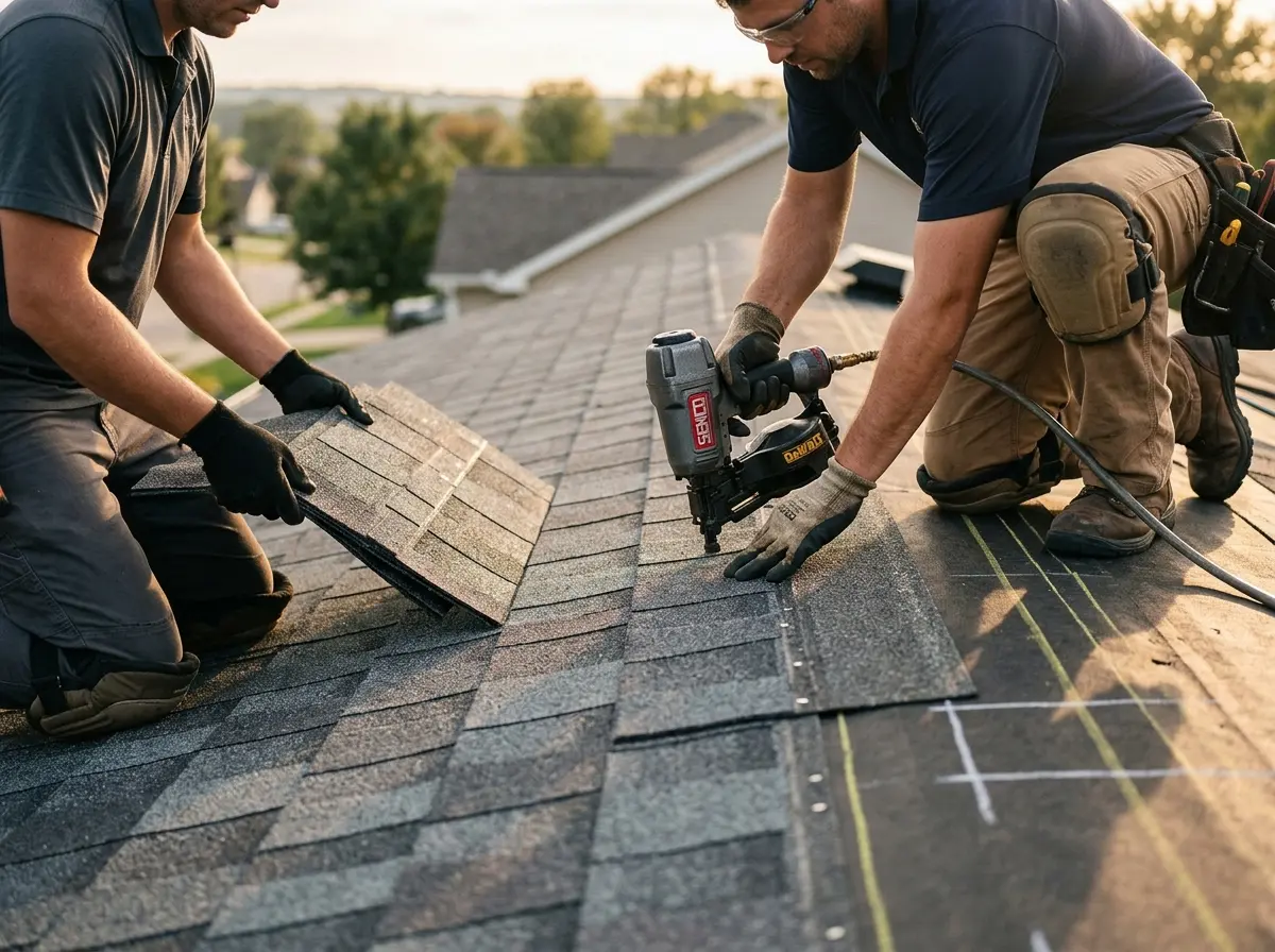 Professional roofer working on a residential roof in Fountainebleau